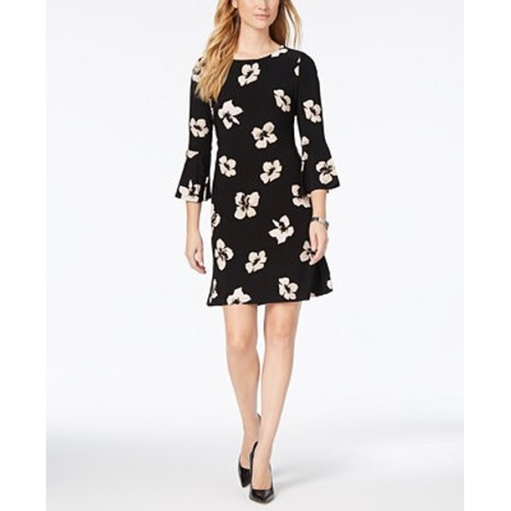 Tommy Hilfiger Black Floral 3/4 Bell Sleeve Knee Length Dress Size 2